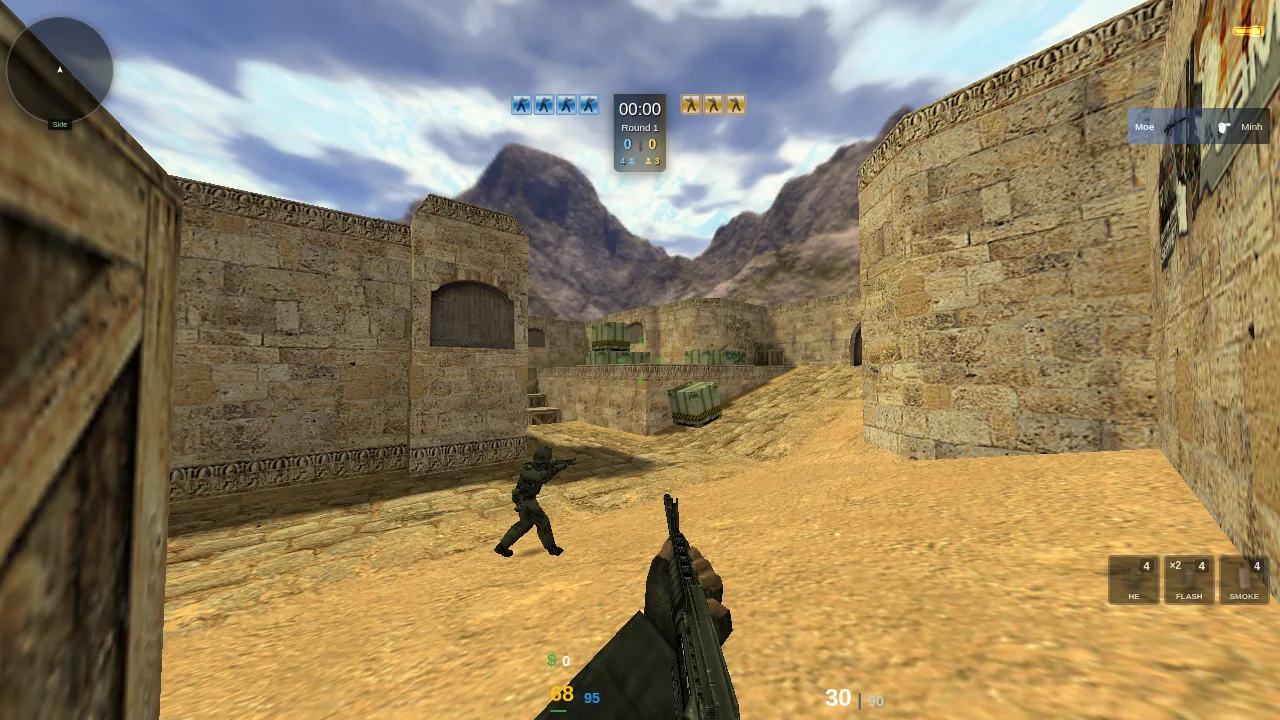 Counter-Strike 1.6 on de_dust2 in Combat Skirmish: first-person view with an M4A1 while another player runs across the map
