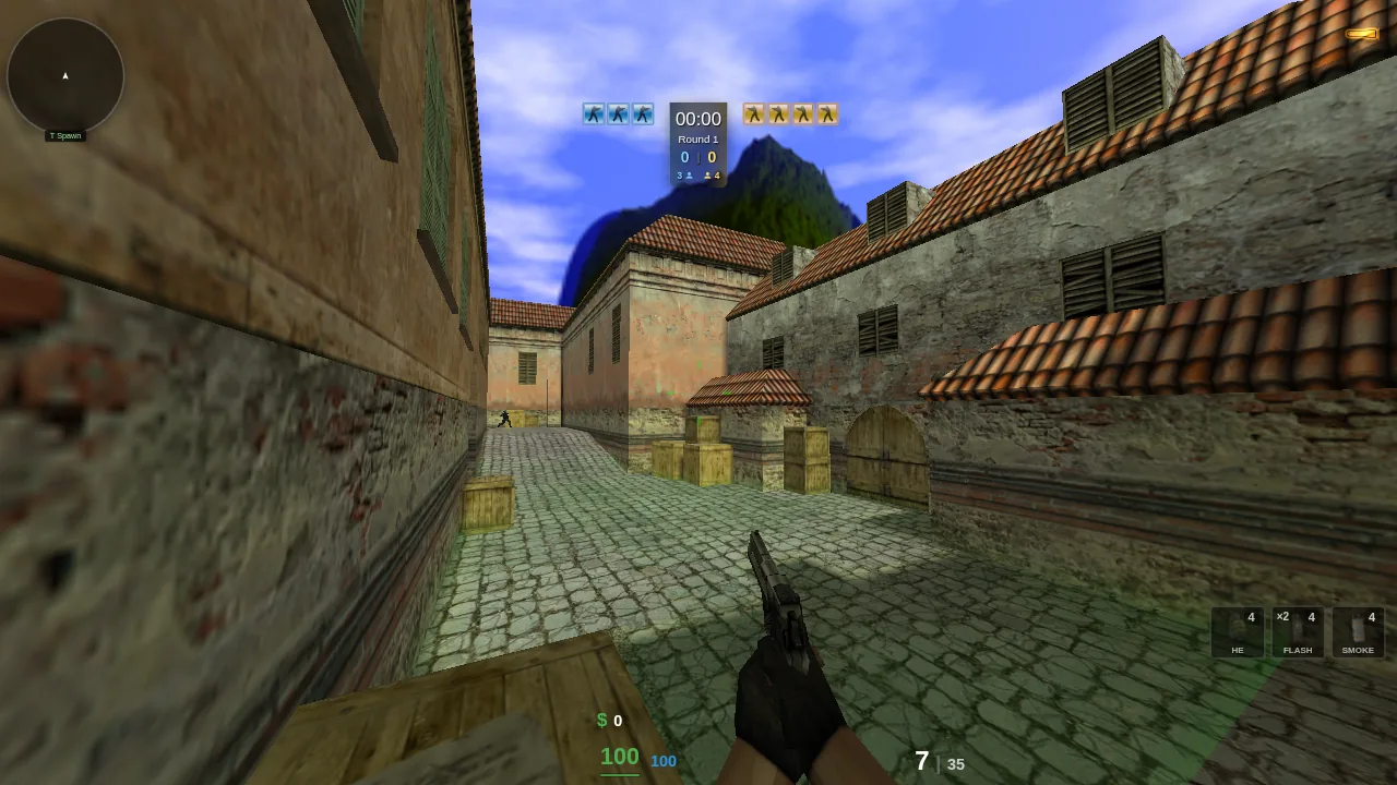Counter-Strike 1.6 on de_inferno in Combat Skirmish: first-person view with a Desert Eagle at the Terrorist spawn